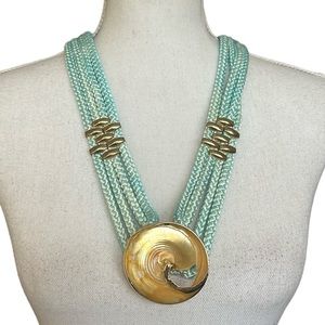 Handmade Rope & Gold Metal Necklace / Belt w/ Pearlized Round Pendant / Buckle
